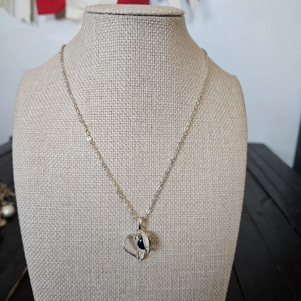 Elegant Silver Heart Pendant Necklace Royal Blue Rhinestone Women's Jewelry
